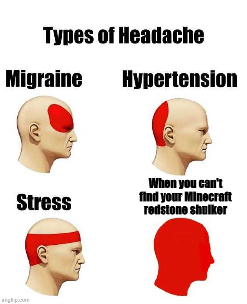 Oh no | When you can't find your Minecraft redstone shulker | image tagged in types of headache,minecraft,red,stone | made w/ Imgflip meme maker