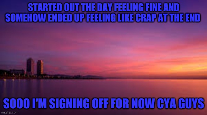 idk lol gn | STARTED OUT THE DAY FEELING FINE AND SOMEHOW ENDED UP FEELING LIKE CRAP AT THE END; SOOO I'M SIGNING OFF FOR NOW CYA GUYS | made w/ Imgflip meme maker