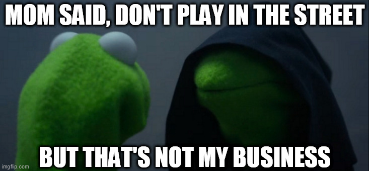 Evil Kermit Meme | MOM SAID, DON'T PLAY IN THE STREET BUT THAT'S NOT MY BUSINESS | image tagged in memes,evil kermit | made w/ Imgflip meme maker