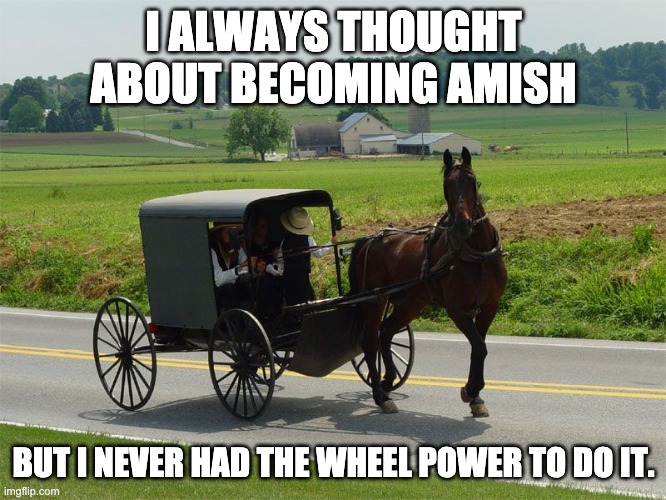 Amish | I ALWAYS THOUGHT ABOUT BECOMING AMISH; BUT I NEVER HAD THE WHEEL POWER TO DO IT. | image tagged in amish peeps | made w/ Imgflip meme maker