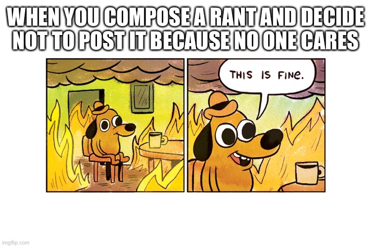 This is fine | WHEN YOU COMPOSE A RANT AND DECIDE NOT TO POST IT BECAUSE NO ONE CARES | image tagged in this is fine | made w/ Imgflip meme maker