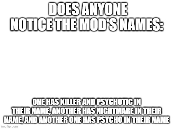 hmmst | DOES ANYONE NOTICE THE MOD'S NAMES:; ONE HAS KILLER AND PSYCHOTIC IN THEIR NAME, ANOTHER HAS NIGHTMARE IN THEIR NAME, AND ANOTHER ONE HAS PSYCHO IN THEIR NAME | image tagged in blank white template | made w/ Imgflip meme maker