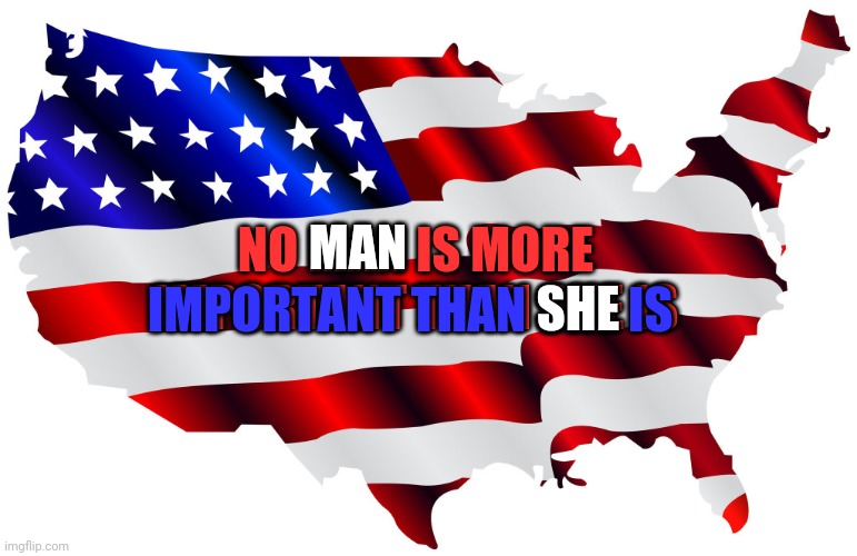 Divided Over What? | MAN; NO MAN IS MORE IMPORTANT THAN SHE IS; IMPORTANT THAN SHE IS; SHE | image tagged in united states of america,trump lies,politicans lie,media lies,and everybody loses their minds,memes | made w/ Imgflip meme maker