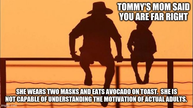 Cowboy Wisdom, Consider the source | TOMMY'S MOM SAID YOU ARE FAR RIGHT; SHE WEARS TWO MASKS AND EATS AVOCADO ON TOAST.  SHE IS NOT CAPABLE OF UNDERSTANDING THE MOTIVATION OF ACTUAL ADULTS. | image tagged in cowboy father and son,consider the source,cowboy wisdom,never eat avocado toast,disagreeing doesn't make you far right | made w/ Imgflip meme maker