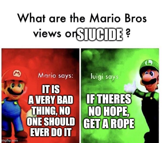 True | SIUCIDE; IT IS A VERY BAD THING, NO ONE SHOULD EVER DO IT; IF THERES NO HOPE, GET A ROPE | image tagged in mario bros views | made w/ Imgflip meme maker