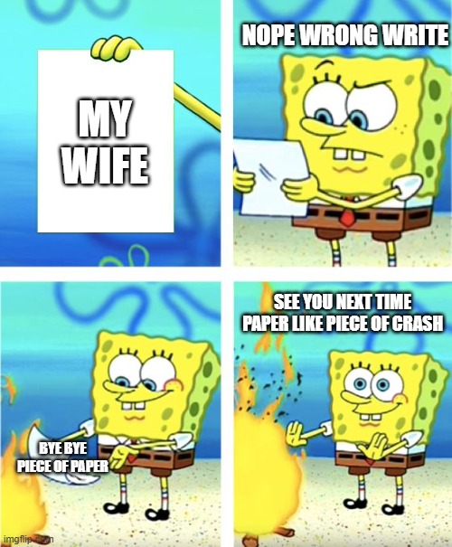 my life paper is rfired by my self | NOPE WRONG WRITE; MY WIFE; SEE YOU NEXT TIME PAPER LIKE PIECE OF CRASH; BYE BYE PIECE OF PAPER | image tagged in spongebob burning paper | made w/ Imgflip meme maker