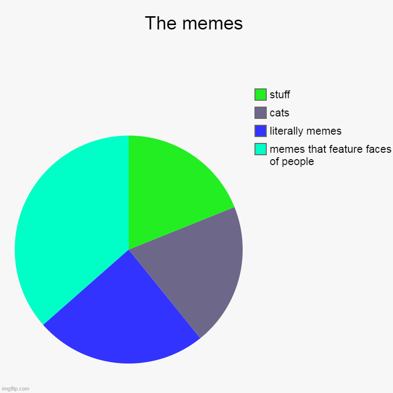 The memes | memes that feature faces of people, literally memes, cats, stuff | image tagged in charts,pie charts | made w/ Imgflip chart maker