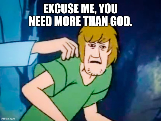 Shaggy meme | EXCUSE ME, YOU NEED MORE THAN GOD. | image tagged in shaggy meme | made w/ Imgflip meme maker