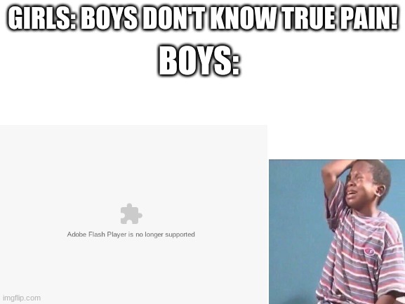 Rip Flash Player... | BOYS:; GIRLS: BOYS DON'T KNOW TRUE PAIN! | image tagged in rip,crying kid,memes | made w/ Imgflip meme maker