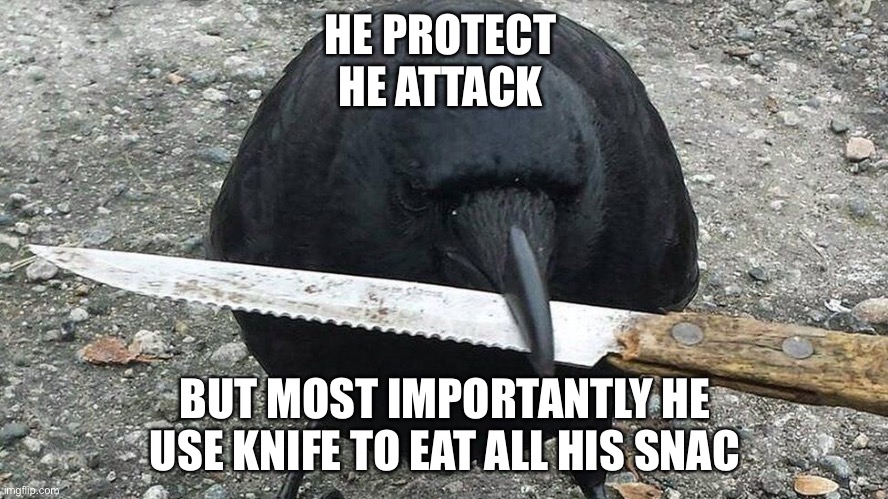 What did you think he was gonna stab someone? | HE PROTECT 
HE ATTACK; BUT MOST IMPORTANTLY HE USE KNIFE TO EAT ALL HIS SNAC | image tagged in fun | made w/ Imgflip meme maker