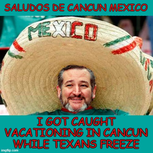 Shame on you Ted Cruz! | SALUDOS DE CANCUN MEXICO; I GOT CAUGHT VACATIONING IN CANCUN
WHILE TEXANS FREEZE | image tagged in ted cruz,texas,blackout,freezing cold,mexico,cancun | made w/ Imgflip meme maker
