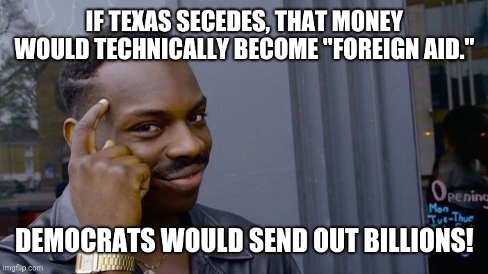 Roll Safe Think About It Meme | IF TEXAS SECEDES, THAT MONEY WOULD TECHNICALLY BECOME "FOREIGN AID." DEMOCRATS WOULD SEND OUT BILLIONS! | image tagged in memes,roll safe think about it | made w/ Imgflip meme maker