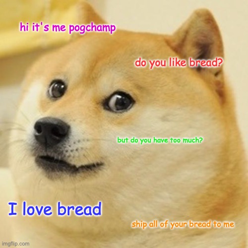 pogchamp chomps bread | hi it's me pogchamp; do you like bread? but do you have too much? I love bread; ship all of your bread to me | image tagged in memes,doge | made w/ Imgflip meme maker