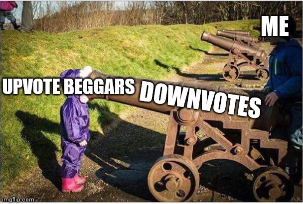 Lets Fight back | ME; DOWNVOTES; UPVOTE BEGGARS | image tagged in girl face in cannon | made w/ Imgflip meme maker