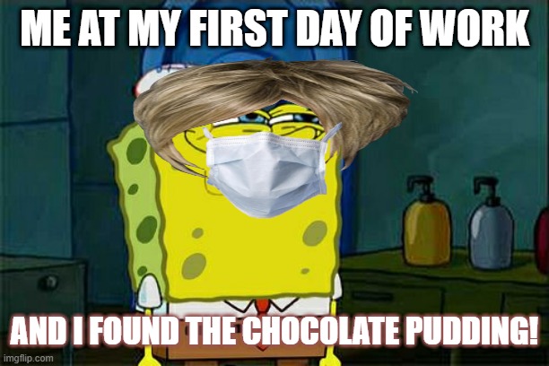 Don't You Squidward Meme | ME AT MY FIRST DAY OF WORK; AND I FOUND THE CHOCOLATE PUDDING! | image tagged in memes,don't you squidward | made w/ Imgflip meme maker