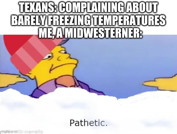 I'm from Colorado so I'm no stranger to freezing temperatures and snow | TEXANS: COMPLAINING ABOUT BARELY FREEZING TEMPERATURES; ME, A MIDWESTERNER: | image tagged in pathetic,snow,texas | made w/ Imgflip meme maker