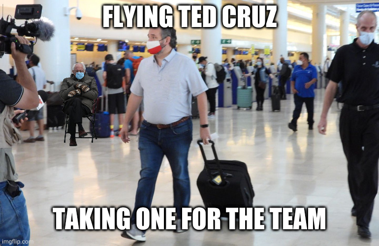 Flying Ted Cruz | FLYING TED CRUZ; TAKING ONE FOR THE TEAM | image tagged in ted cruz,flying ted,ted cruz cancun | made w/ Imgflip meme maker