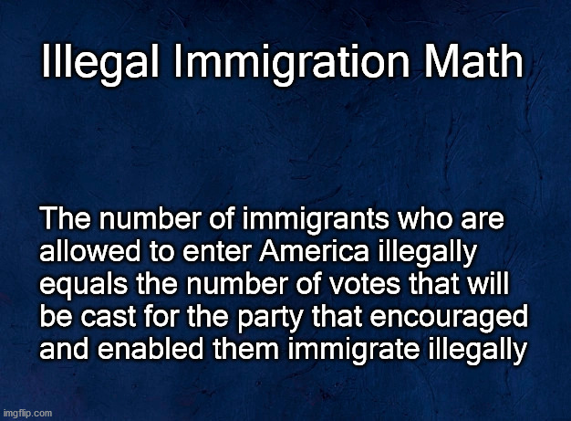 Illegal immigration math | Illegal Immigration Math; The number of immigrants who are 
allowed to enter America illegally
equals the number of votes that will
be cast for the party that encouraged 
and enabled them immigrate illegally | image tagged in politics | made w/ Imgflip meme maker