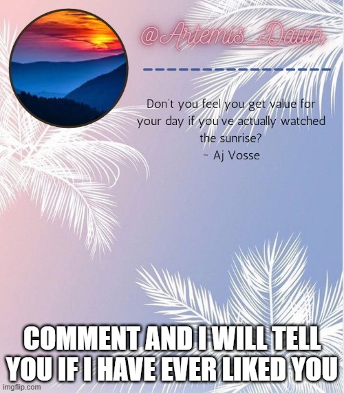 trendz | COMMENT AND I WILL TELL YOU IF I HAVE EVER LIKED YOU | image tagged in artemis dawn's 2 template | made w/ Imgflip meme maker