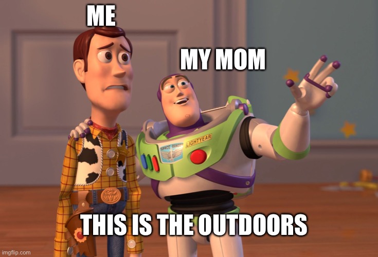 X, X Everywhere Meme | ME; MY MOM; THIS IS THE OUTDOORS | image tagged in memes,x x everywhere | made w/ Imgflip meme maker