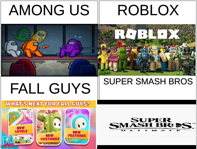 My Top 4 Favorite Games | AMONG US; ROBLOX; SUPER SMASH BROS; FALL GUYS | image tagged in memes,blank comic panel 2x2,among us,roblox,fall guys,super smash bros | made w/ Imgflip meme maker