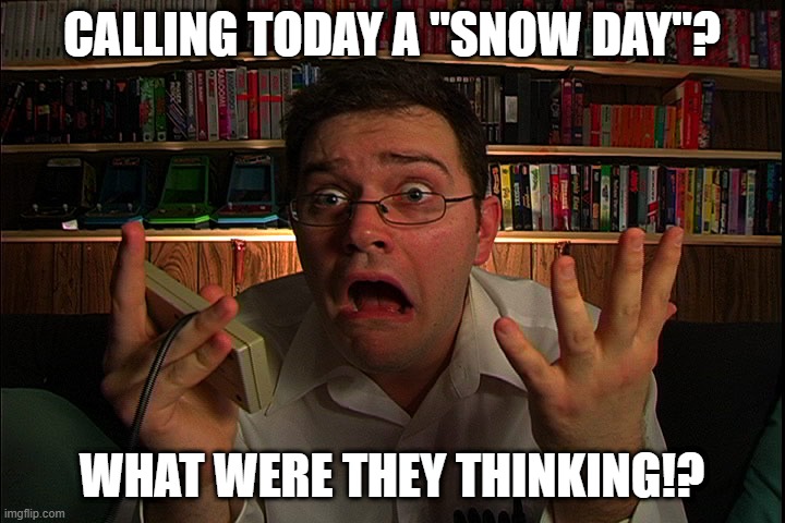 Fake Southern Snow Days | CALLING TODAY A "SNOW DAY"? WHAT WERE THEY THINKING!? | image tagged in avgn what were they thinking,snow day,school | made w/ Imgflip meme maker