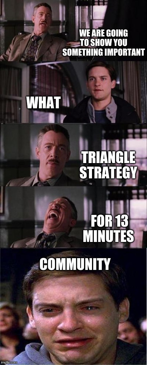 Peter Parker Cry Meme | WE ARE GOING TO SHOW YOU SOMETHING IMPORTANT; WHAT; TRIANGLE STRATEGY; FOR 13 MINUTES; COMMUNITY | image tagged in memes,peter parker cry | made w/ Imgflip meme maker