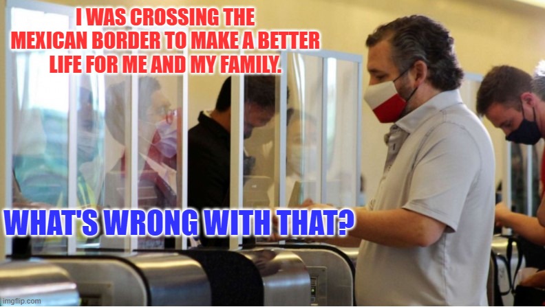 cruzin | I WAS CROSSING THE MEXICAN BORDER TO MAKE A BETTER LIFE FOR ME AND MY FAMILY. WHAT'S WRONG WITH THAT? | image tagged in ted cruz,cruz,politics,texas,senate,border wall | made w/ Imgflip meme maker