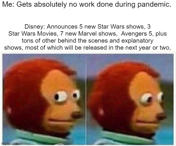 Monkey Puppet | Me: Gets absolutely no work done during pandemic. Disney: Announces 5 new Star Wars shows, 3 Star Wars Movies, 7 new Marvel shows,  Avengers 5, plus tons of other behind the scenes and explanatory shows, most of which will be released in the next year or two, | image tagged in memes,monkey puppet | made w/ Imgflip meme maker