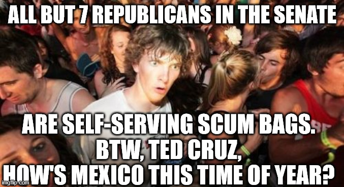 Nothing matters but their own careers (& comfort) | ALL BUT 7 REPUBLICANS IN THE SENATE; ARE SELF-SERVING SCUM BAGS.
BTW, TED CRUZ, HOW'S MEXICO THIS TIME OF YEAR? | image tagged in memes,sudden clarity clarence,republican scum | made w/ Imgflip meme maker