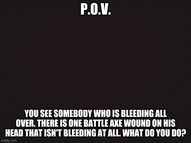 Finally! A decent idea! | P.O.V. YOU SEE SOMEBODY WHO IS BLEEDING ALL OVER. THERE IS ONE BATTLE AXE WOUND ON HIS HEAD THAT ISN'T BLEEDING AT ALL. WHAT DO YOU DO? | image tagged in blank template | made w/ Imgflip meme maker