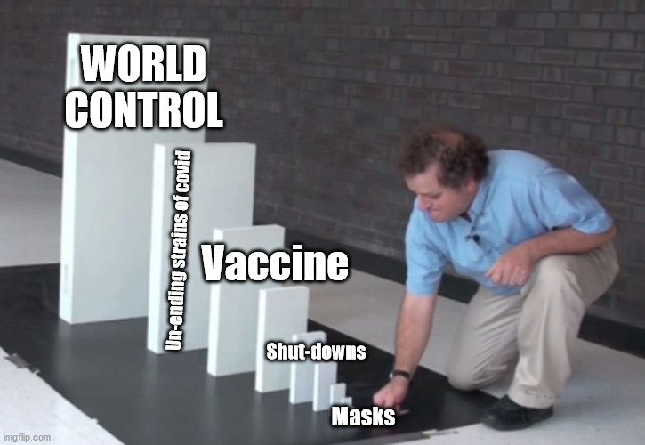 Domino Effect | WORLD CONTROL; Un-ending strains of covid; Vaccine; Shut-downs; Masks | image tagged in domino effect,covid19,masks,vaccine,joe biden,memes | made w/ Imgflip meme maker