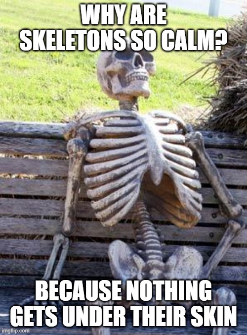 Waiting Skeleton Meme | WHY ARE SKELETONS SO CALM? BECAUSE NOTHING GETS UNDER THEIR SKIN | image tagged in memes,waiting skeleton | made w/ Imgflip meme maker