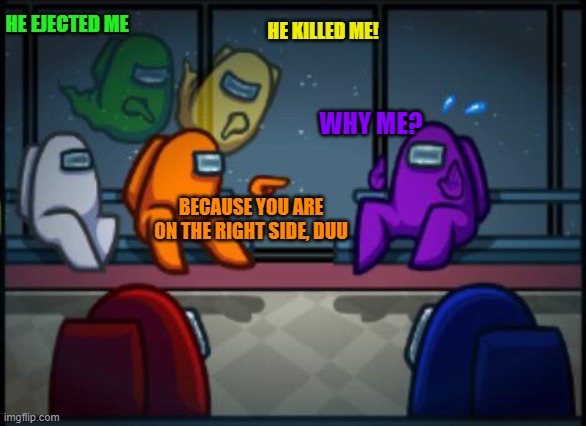 Among us blame | HE EJECTED ME; HE KILLED ME! WHY ME? BECAUSE YOU ARE ON THE RIGHT SIDE, DUU | image tagged in among us blame | made w/ Imgflip meme maker