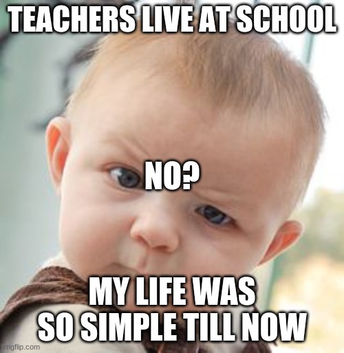 Skeptical Baby Meme | TEACHERS LIVE AT SCHOOL; NO? MY LIFE WAS SO SIMPLE TILL NOW | image tagged in memes,skeptical baby | made w/ Imgflip meme maker