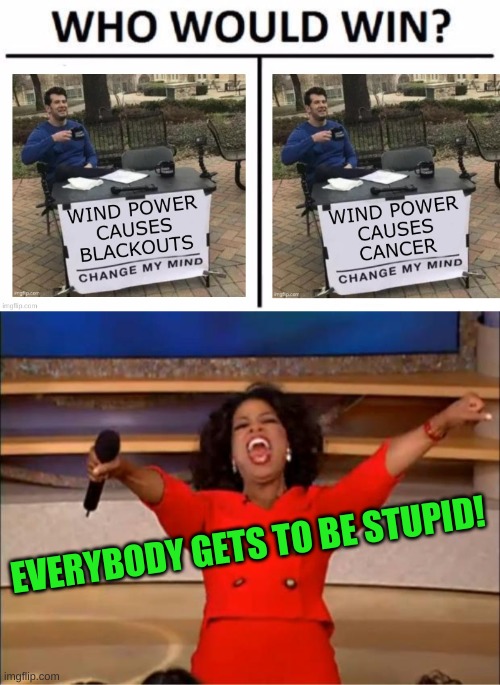 conservative energy policy | EVERYBODY GETS TO BE STUPID! | image tagged in memes,oprah you get a,texas,blackout,conservative logic,renewable energy | made w/ Imgflip meme maker