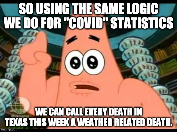 Patrick Says | SO USING THE SAME LOGIC WE DO FOR "COVID" STATISTICS; WE CAN CALL EVERY DEATH IN TEXAS THIS WEEK A WEATHER RELATED DEATH. | image tagged in memes,patrick says | made w/ Imgflip meme maker