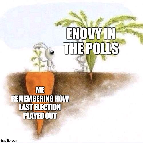 White Nat DOMINANTED the polls but didn't win | ENOVY IN THE POLLS; ME REMEMBERING HOW LAST ELECTION PLAYED OUT | image tagged in big carrot small carrot,election,poll | made w/ Imgflip meme maker