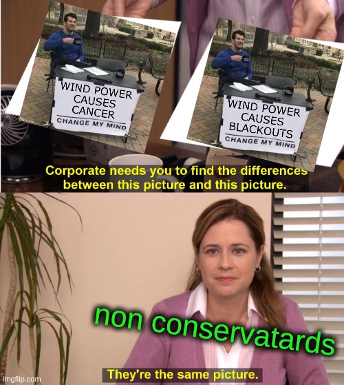 They're The Same Picture Meme | non conservatards | image tagged in memes,they're the same picture,frozen wind turbines,texas,blackout,conservative logic | made w/ Imgflip meme maker