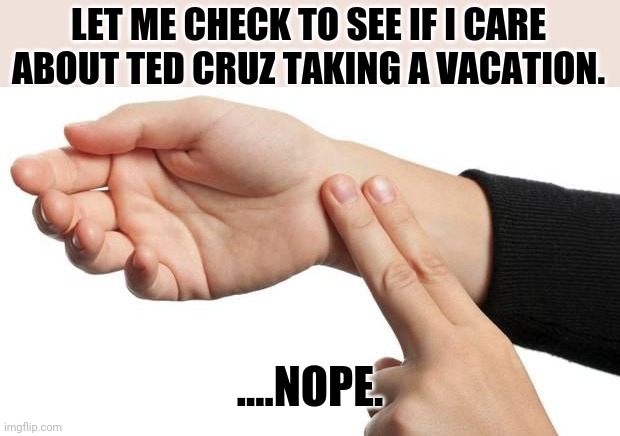 wish I was in Cancun | LET ME CHECK TO SEE IF I CARE ABOUT TED CRUZ TAKING A VACATION. ....NOPE. | image tagged in pulse,ted cruz | made w/ Imgflip meme maker