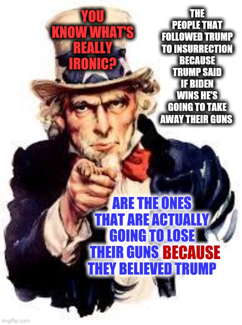 Never Believe A Liar Or You'll Lose | THE PEOPLE THAT FOLLOWED TRUMP TO INSURRECTION BECAUSE TRUMP SAID IF BIDEN WINS HE'S GOING TO TAKE AWAY THEIR GUNS; YOU KNOW WHAT'S REALLY IRONIC? BECAUSE; ARE THE ONES THAT ARE ACTUALLY GOING TO LOSE THEIR GUNS BECAUSE THEY BELIEVED TRUMP | image tagged in we want you,memes,trump lies,lock him up,liar,lock trump up | made w/ Imgflip meme maker