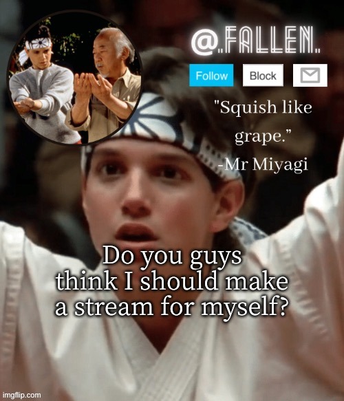 even tho nobody would follow lol- | Do you guys think I should make a stream for myself? | image tagged in karate kid temp | made w/ Imgflip meme maker