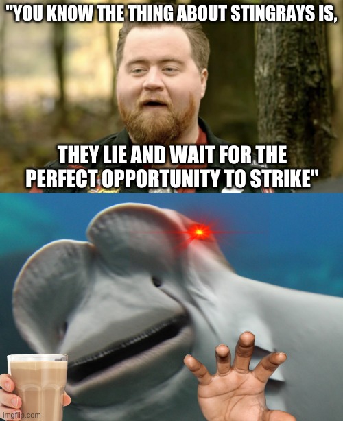 stingrayyyy | "YOU KNOW THE THING ABOUT STINGRAYS IS, THEY LIE AND WAIT FOR THE PERFECT OPPORTUNITY TO STRIKE" | image tagged in stingray,cobra kai,funny,funny memes | made w/ Imgflip meme maker