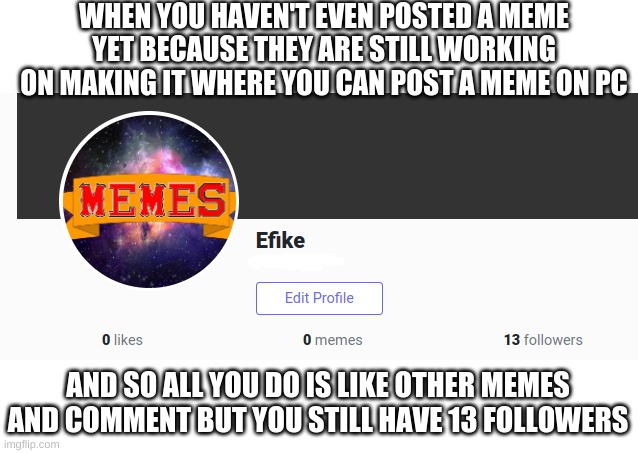 yes | WHEN YOU HAVEN'T EVEN POSTED A MEME YET BECAUSE THEY ARE STILL WORKING ON MAKING IT WHERE YOU CAN POST A MEME ON PC; AND SO ALL YOU DO IS LIKE OTHER MEMES AND COMMENT BUT YOU STILL HAVE 13 FOLLOWERS | image tagged in memes,followers | made w/ Imgflip meme maker