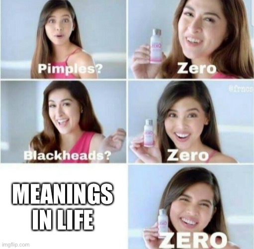 Pimples, Zero! | MEANINGS IN LIFE | image tagged in pimples zero | made w/ Imgflip meme maker