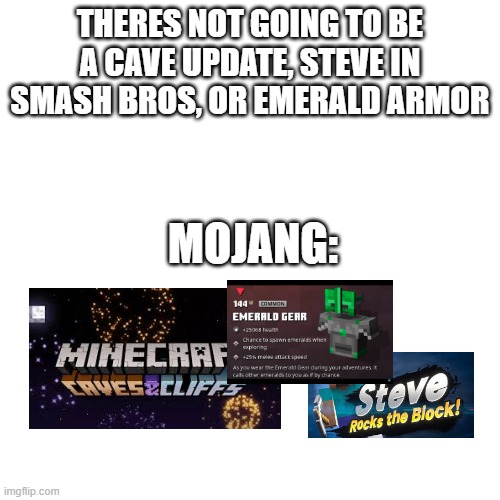 can anyone think of a better way to put this? | THERES NOT GOING TO BE A CAVE UPDATE, STEVE IN SMASH BROS, OR EMERALD ARMOR; MOJANG: | image tagged in memes,blank transparent square | made w/ Imgflip meme maker