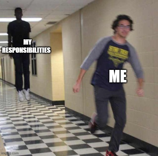 floating boy chasing running boy | MY RESPONSIBILITIES; ME | image tagged in floating boy chasing running boy | made w/ Imgflip meme maker