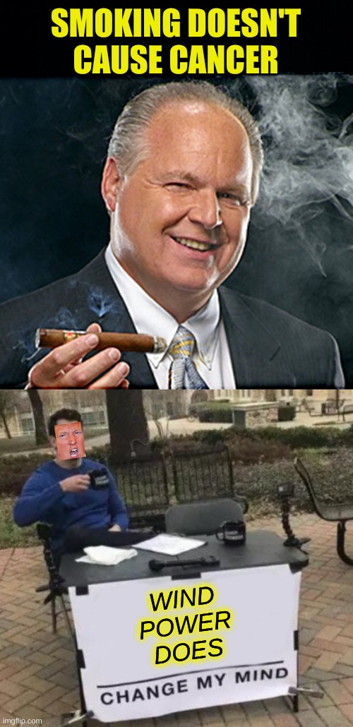 conservative logic | SMOKING DOESN'T
CAUSE CANCER; WIND
POWER
DOES | image tagged in rush limbaugh smoking cigar,texas,blackout,renewable energy,cancer,conservative logic | made w/ Imgflip meme maker