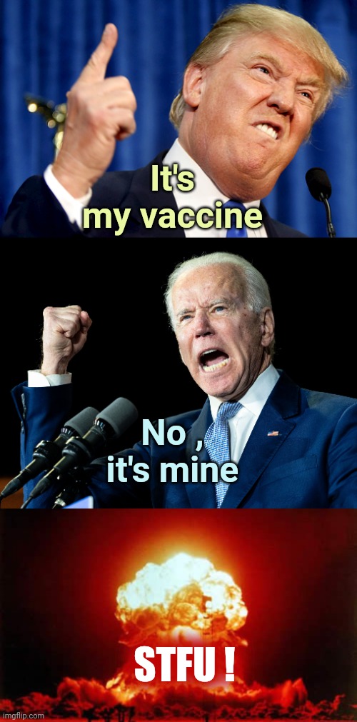 Are we really doing this ? | It's my vaccine; No , it's mine; STFU ! | image tagged in donald trump,joe biden's fist,memes,nuclear explosion,seriously,grow up | made w/ Imgflip meme maker