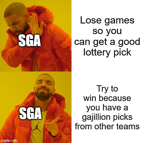 #GoodProblems | Lose games so you can get a good lottery pick; SGA; Try to win because you have a gajillion picks from other teams; SGA | image tagged in memes,drake hotline bling,nba,nba memes,basketball,okc thunder | made w/ Imgflip meme maker